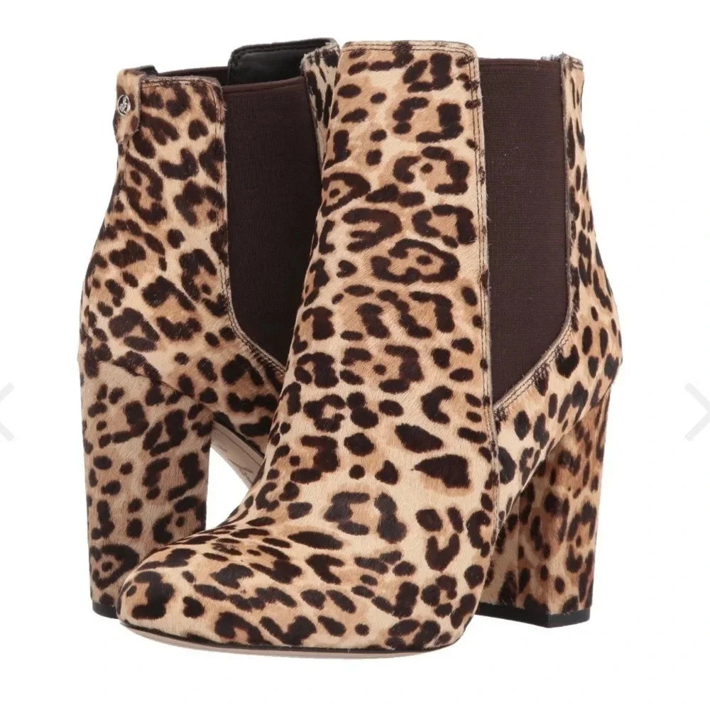 Sam Edelman Case Chelsea Calf Hair Leopard Pull-On Ankle Boot Block Heel Size 8